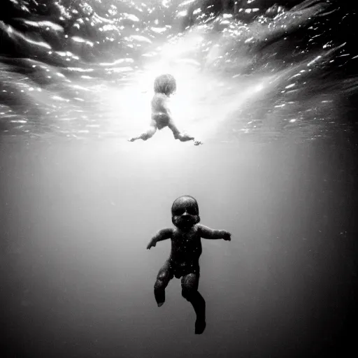 Image similar to a baby chasing a dollar bill under the surface of the water in the style of the nirvana album cover, underwater photography with light scattering and water refractions, smooth