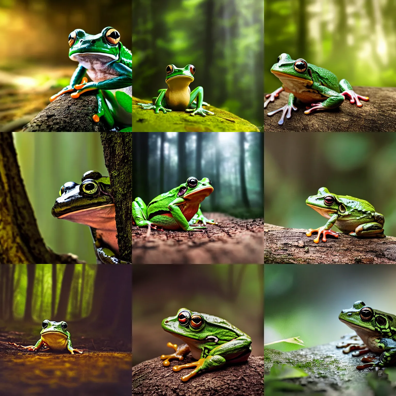 Prompt: frog sitting in forest, magical light, dramatic light, forest, photorealistic, 4 k, uhd, award winning photograph