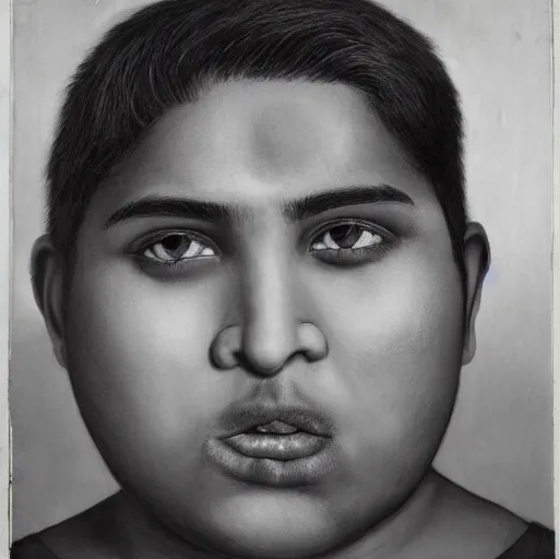 Prompt: close - up portrait photograph of a large teenage indian male with black eyes, a big mouth, chubby facial features, a messy stubble and short touselled black hair, highly detailed, anatomically correct features,