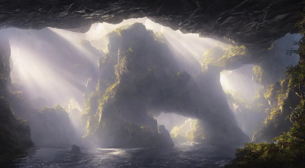 Image similar to biological crystallographic lattice bridging megastructure, in a canyon by glenn small, by albert bierstadt, photorealistic, zaha hadid, god rays, volumetric lighting, detailed, extremely intricate, raytrace, octane, light fog, neon