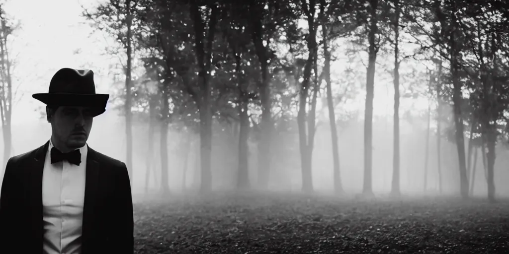 Image similar to a man wearing a dark suit, cinematic, 8 5 mm anamorphic lens, atmospheric, hazy, lights in the distance, depth of field