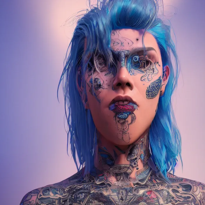 Image similar to portrait of alternative model with tattoos and blue hair. intricate abstract. intricate artwork. by Tooth Wu, wlop, beeple, dan mumford. octane render, trending on artstation, greg rutkowski very coherent symmetrical artwork. cinematic, hyper realism, high detail, octane render, 8k, iridescent accents