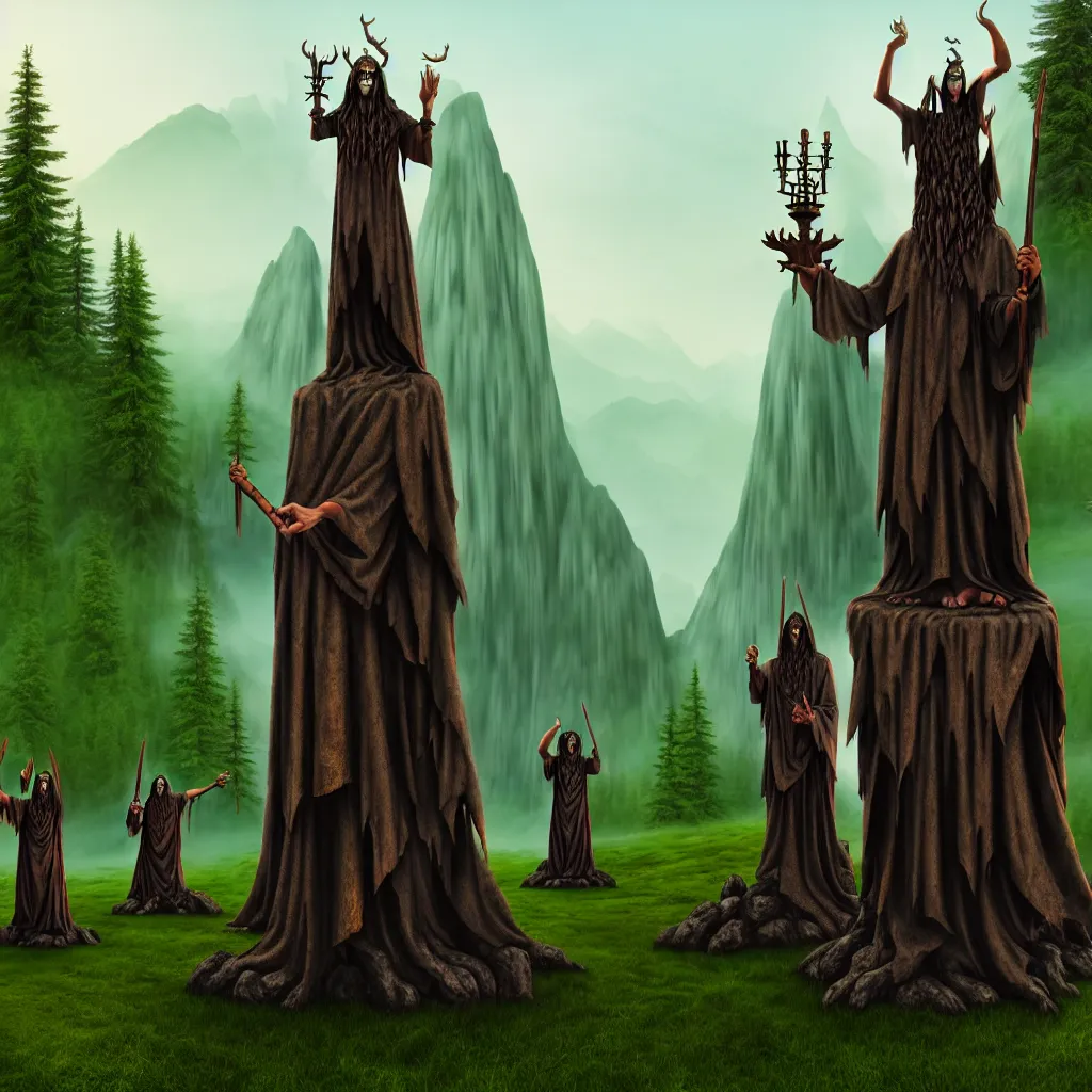 Prompt: evil druids performing a ritual around a wooden statue, mountain background, a detailed matte painting, fantasy, foggy