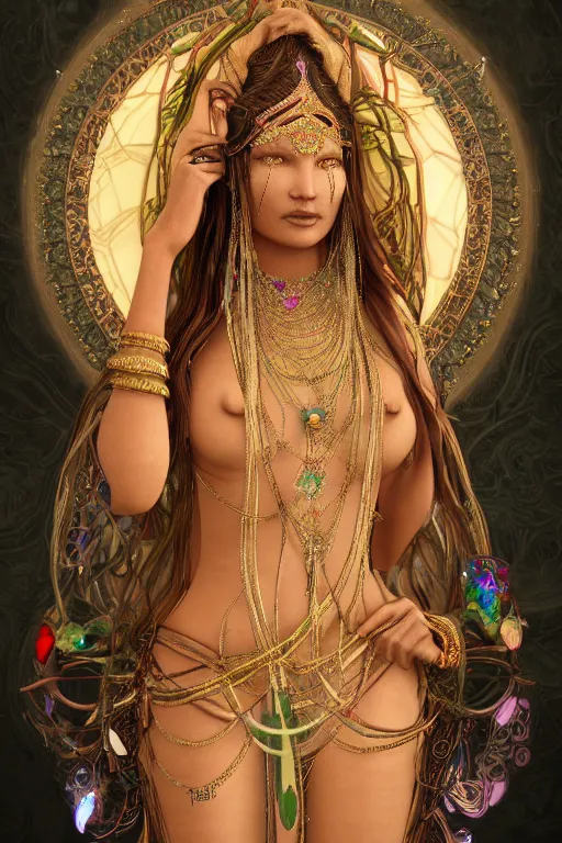 Image similar to a photo of a beautiful indian ancient alien woman goddess kate moss in jewelery and fractals in style of alphonse mucha art nuvo trending on artstation made in unreal engine 4 octane render in 8 k