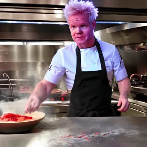 Image similar to hyper real Gordon Ramsey cooking a unicorn in kitchen 4k