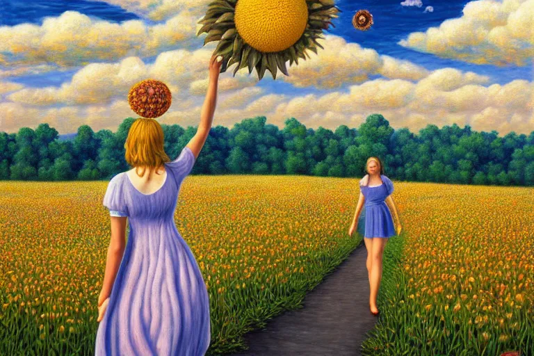 Image similar to giant daisy flower head, woman walking, surreal, clouds in sky, impressionist painting, digital painting, artstation, rob gonsalves