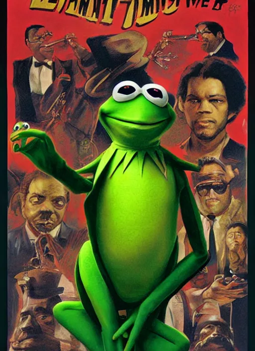 Prompt: poster artwork by Drew Struzan, Drew Struzan of portrait of Kermit the Frog, from scene from Pulp Fiction