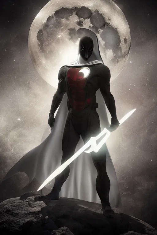 Image similar to hyperrealistic photography of Moon Knight mixed with Dardevil style of Hossein Diba, full-shot, merged character, 4k, highly detailed, cinematic lighting, photorealistic, 3d render, award winning render, unreal engine, masterpiece, octane render, sharp focus, studio lighting, 8k, hd