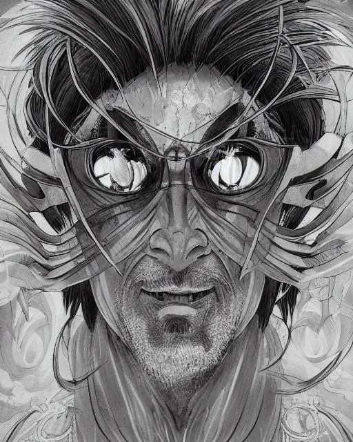 Image similar to An old man looking into a mirror, black and white, fantasy art, in the style of masami kurumada, illustration, epic, fantasy, intricate, hyper detailed, artstation, concept art, smooth, sharp focus, ray tracing