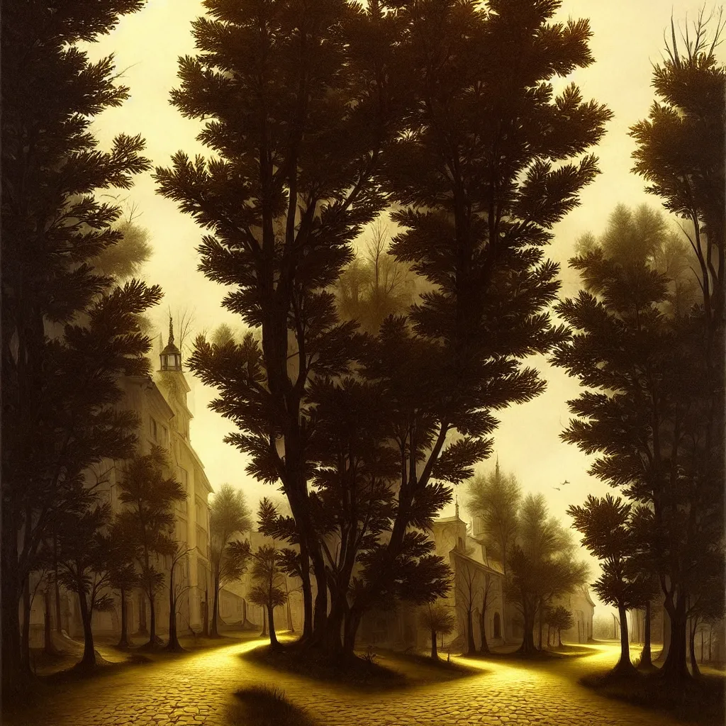 Image similar to in the style of gerald brom, caravaggio, beautiful small town, houses and buildings, 1 8 0 0 s, cobblestone roads, low light, end of day, trees, forest in the distance, light mist