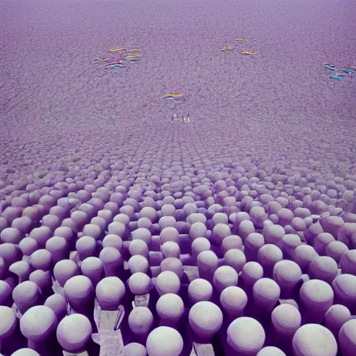 Image similar to a realitic photo of a thousand beds on the beach by Storm Thorgerson, purple color scheme