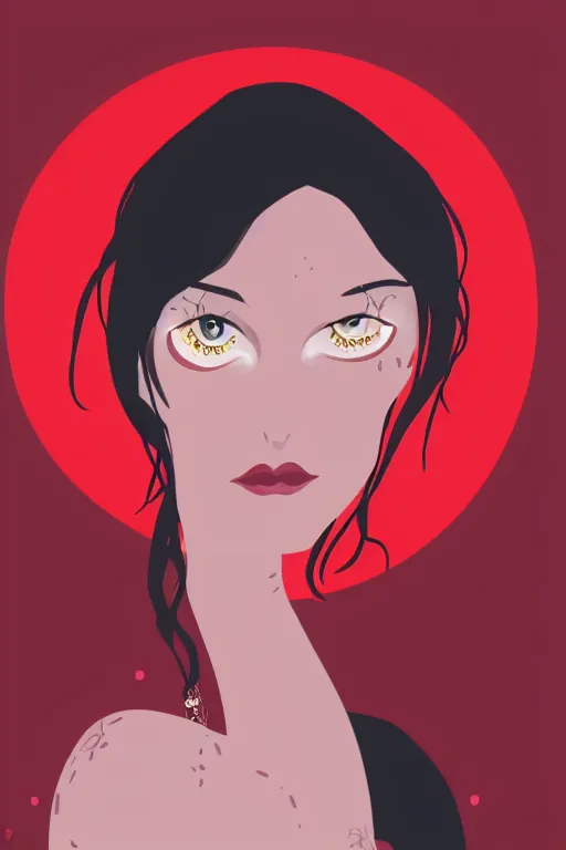 Prompt: close-up portrait of a dark witch in front of the full big moon, red background, vector graphic, detailed, full HD, 4k, 8k, 1080p