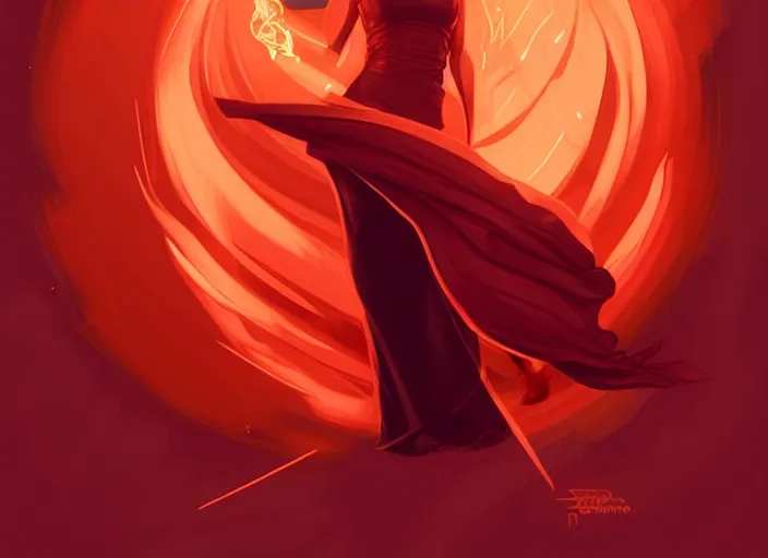 Image similar to style artgerm, joshua middleton, beautiful kristen bell with dark red dress, very long orange hair, symmetrical face, symmetrical eyes, fire powers fire swirling, detailed, volcano setting, cinematic lighting