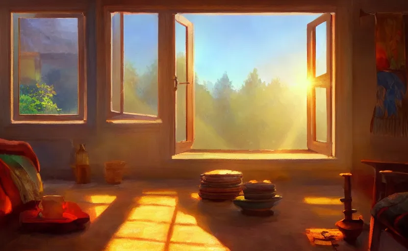 Image similar to happy morning and the rays of the morning sun shining through the window of the village house. very beautiful, clear sky, warm colors, oil painting, high detail, trending on artstation