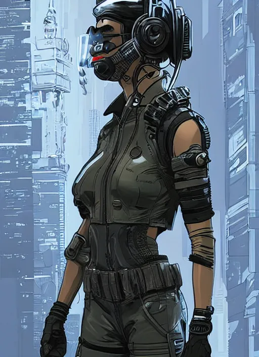 Prompt: Beautiful Ella. Gorgeous female cyberpunk mercenary wearing a cyberpunk headset, military vest, and pilot jumpsuit. gorgeous face. Concept art by James Gurney and Laurie Greasley. Moody Industrial skyline. ArtstationHQ. Realistic Proportions. Creative character design for cyberpunk 2077.