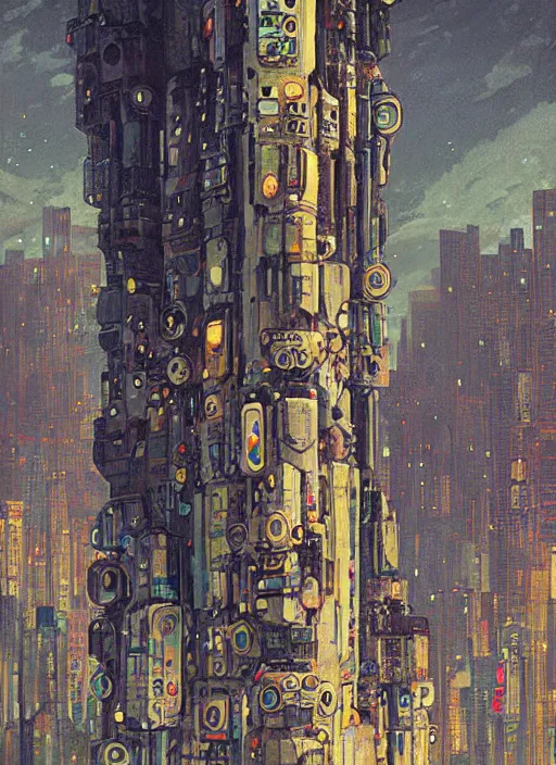 Image similar to a painting of a giant robot standing in front of a city, cyberpunk art by beeple art by gustav klimt, behance contest winner, nuclear art, dystopian art, apocalypse art, sci - fi