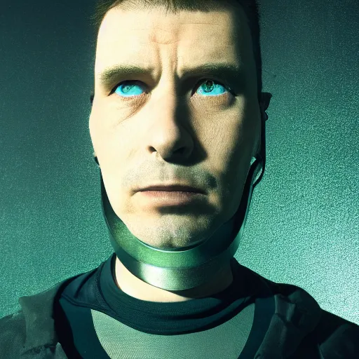 Prompt: portrait of a cyberpunk man, implants in face, dark electronics vibe, 1 9 8 0 s sci fi film still photography, cinematic portrait, studio ghibli character portrait