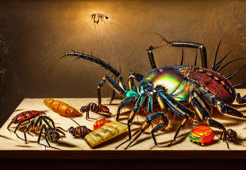 Prompt: an opulent banquet of food on a table covered with colorful jumping spiders and iridescent hissing cockroaches and huge spiky hermit crabs. magical glowing smoke drifts through the room. iridescent giger ’ s xenomorph. iridescent the thing. reclaimed lumber, detailed and intricate environment, hyperrealism, food photography, rembrandt