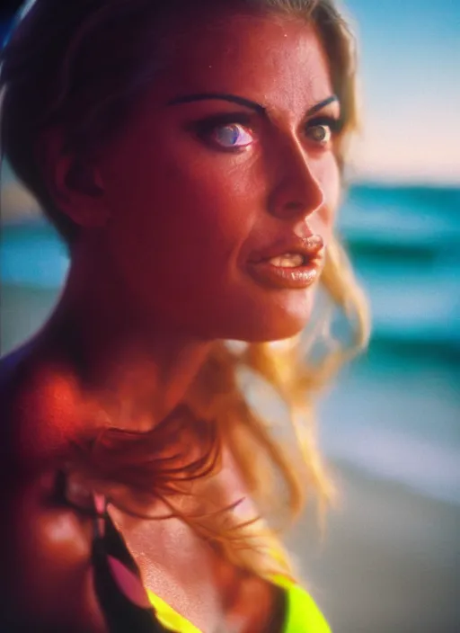 Prompt: A hyper realistic and detailed head portrait photography of Rebecca Romign of Baywatch on a futuristic beach. by Annie Leibovitz. Neo noir style. Cinematic. neon lights glow in the background. Cinestill 800T film. Lens flare. Helios 44m