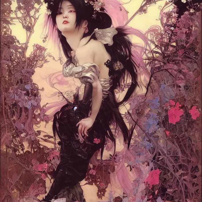 Image similar to korean goth girl, full body, spikes, latex, rubber, rococo, anime aesthetic, chibi, hyperrealistic, detailed, smooth, very smooth, brushwork, digital painting, sharp focus, concept art, fantasy, by james gurney, by alphonse mucha, by bruce pennington, by annie leibovitz