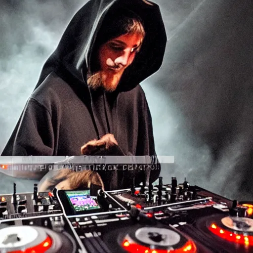 Prompt: a goat wearing a dark hooded cloak on the dj decks