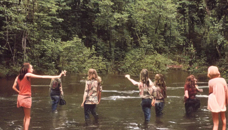 Image similar to 7 0 s film still from a horror movie about teenagers yelling near a river, kodachrome, cinecolor, cinestill, film grain, film texture, retro, cinematic, high resolution, photorealism,