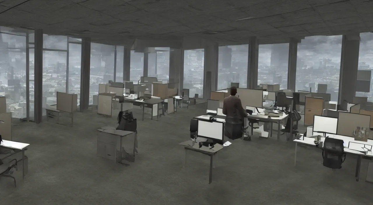 Image similar to A man in the office at 3AM with multiple cubicles and a window that provides a view of the city, Source Engine, Gmod, Half Life 2