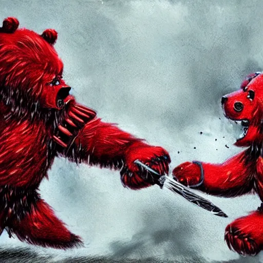 Image similar to angry red bear wearing armor attacking a foe, realistic art style