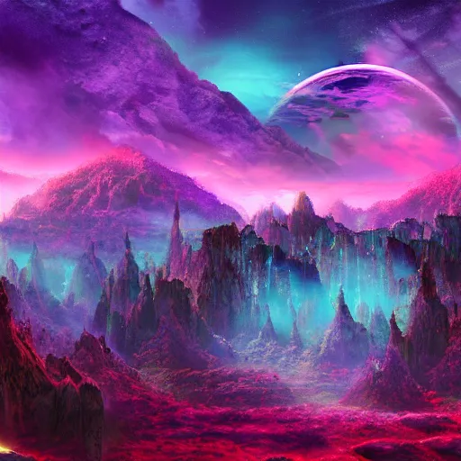 Prompt: A fantasy vaperwave landscape on an alien planet