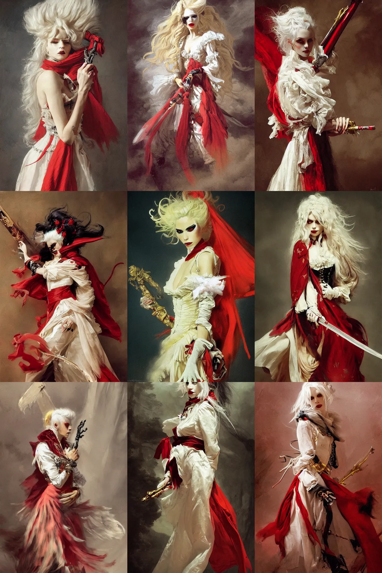 Image similar to a vampire with long light white hair and a red scarf, windy, ribbons, melancholic, modern maximalist harlequin fashion dress, is ( ( holding a golden sword ) ). light dust, magnificent, hyperdetailed, theatrical, painted by jean honore fragonard and greg rutkowski