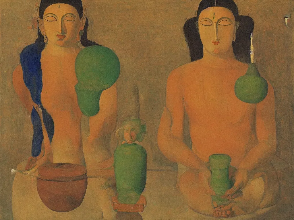 Image similar to Portrait of a Tantric deity with amphora. Lapis Lazuli, malachite, cinnabar. Painting by Balthus, Morandi