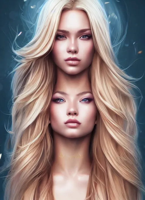 Image similar to photo of a gorgeous female with long blonde hair in the style of stefan kostic, realistic, full body shot, wide angle, sharp focus, 8 k high definition, insanely detailed, intricate, elegant, art by stanley lau and artgerm, floating embers