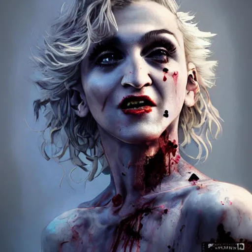 Prompt: eighties madonna ciccone as a zombie, 7 days to die zombie, fine art, award winning, intricate, elegant, sharp focus, cinematic lighting, highly detailed, digital painting, 8 k concept art, art by guweiz and z. w. gu, masterpiece, trending on artstation, 8 k