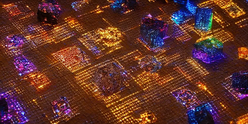 Image similar to 9-track machines made of digital grids and glowing stones with embedded LEDs. amber glowing screens.