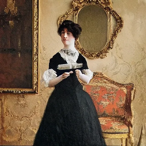 Image similar to young victorian lady in ball gown putting on her dress glove, painted by alfred stevens