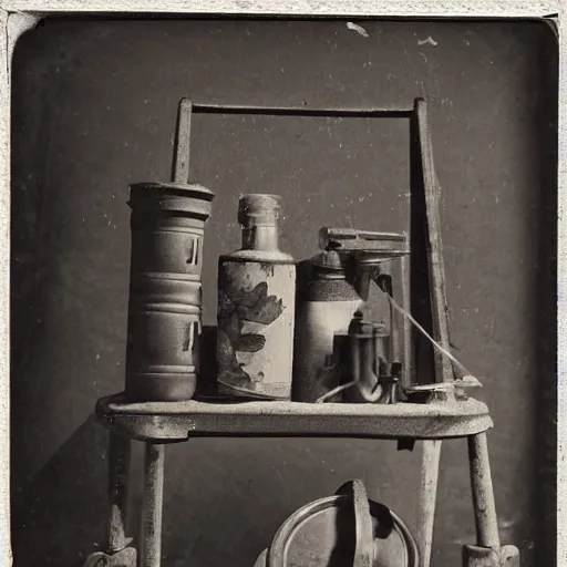 Image similar to Tintype photograph of objects displayed in an ethnographic museum, primitive display, anthropology of wonder, in the style of Marcel Duchamp, found objects, ready-made, 1920s studio lighting.