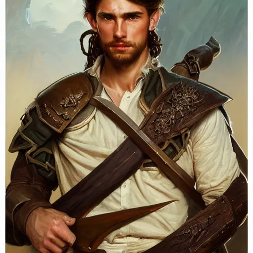 Image similar to portrait of a young rugged ranger holding his longsword up, hands, muscular, upper body, D&D, fantasy, intricate, elegant, highly detailed, digital painting, artstation, concept art, smooth, sharp focus, illustration, art by Artgerm and Greg Rutkowski and Alphonse Mucha