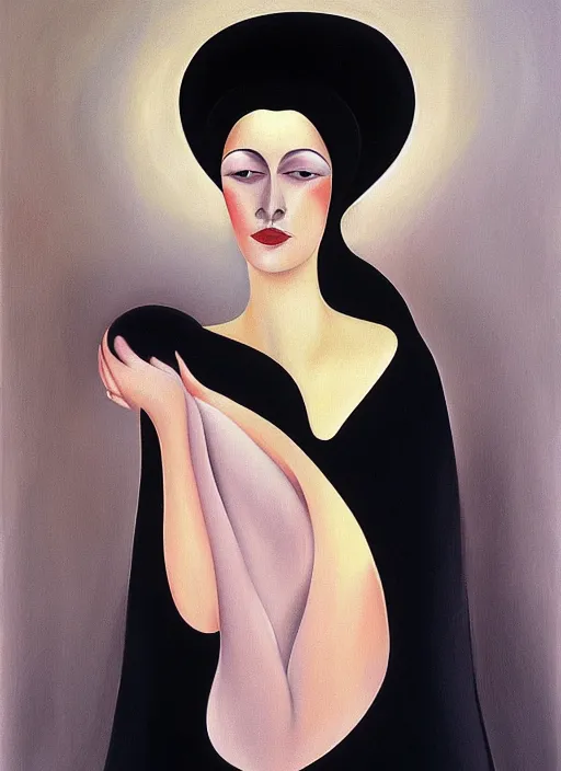 Image similar to oil painting of portait Queen of Ecstasy, dark hair, veil, black dress, Hungarian, by Georgia o Keeffe, by Marcel Jankowicz, 🥵
