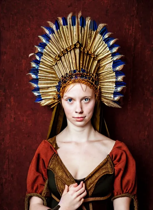 Prompt: portrait of young woman in medieval dress and medieval headdress, style by the fifth element