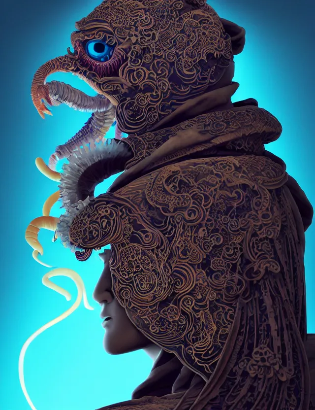 Prompt: 3 d goddess close - up profile portrait of cultist monk in hooded robe with ram skull. beautiful intricately detailed japanese crow kitsune mask and clasical japanese kimono. betta fish, jellyfish phoenix, bio luminescent, plasma, ice, water, wind, creature, artwork by tooth wu and wlop and beeple and greg rutkowski