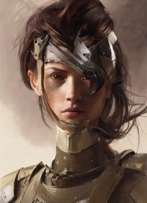 Image similar to a professional painting of a beautiful young female, clothed in military armor, olive skin, long dark hair, beautiful bone structure, symmetrical facial features, intricate, elegant, digital painting, concept art, smooth, sharp focus, illustration, from Metal Gear, by Ruan Jia and Mandy Jurgens and Artgerm and William-Adolphe Bouguerea