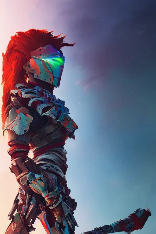 Image similar to combination suit armor aloy horizon forbidden west horizon zero dawn radiating a glowing aura global illumination ray tracing hdr fanart arstation by ian pesty and alena aenami artworks in 4 k tribal robot ninja mask helmet backpack