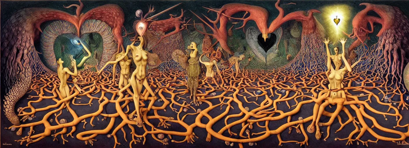 Image similar to mythical war between inner and outer forces in the visceral anatomical human heart imaginal realm of the collective unconscious, in a dark surreal mixed media oil painting by johfra, mc escher and ronny khalil, dramatic lighting from inner fire, 3 0 s cartoons by haeckel