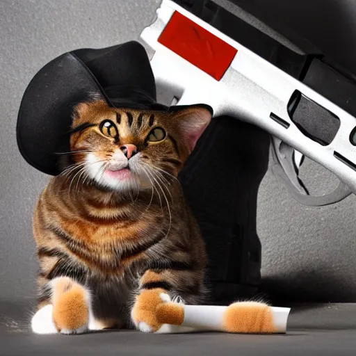 Image similar to A Cat with Red eyes and fedora hat while holding a Glock and smoking weed