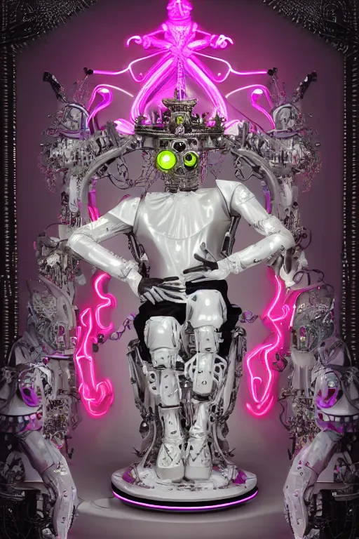 Image similar to full-body rococo and cyberpunk style neon statue of a young attractive portugues macho dotado android reclining sim roupa con piroca, glowing white laser eyes, prince crown of pink gears, diamonds, swirling silver-colored silk fabric. futuristic elements. full-length view. space robots. human skulls. intricate artwork by caravaggio. Trending on artstation, octane render, cinematic lighting from the right, hyper realism, octane render, 8k, depth of field, 3D