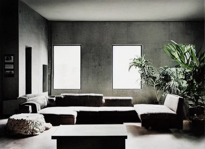 Image similar to “a modern brutalist apartment with minimalist furnishings and art, high ceilings and skylights, houseplants, photographed by Annie Liebovitz”