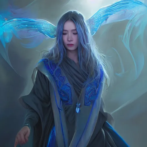 Image similar to Beautiful female wizard in blue and iridescent robes, 4k oil on linen by wlop, artgerm, andrei riabovitchev, nuri iyem, james gurney, james jean, greg rutkowski, highly detailed, soft lighting 8k resolution