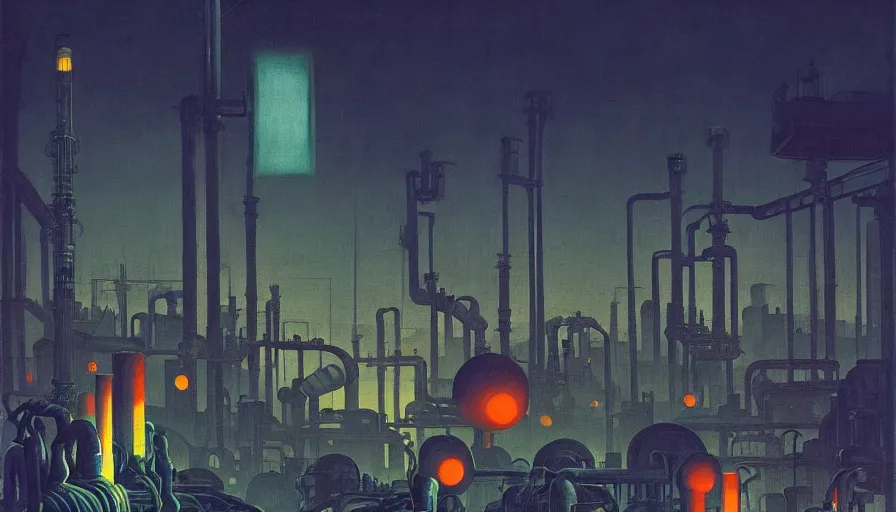 Prompt: a giant weird industrial zone with strange lights in the background, in the style of beksinski, by edward hopper and rodcenko and yue minjun and cory loftis, intricate and epic composition, by caravaggio, highly detailed, masterpiece, artstation, art nouveau