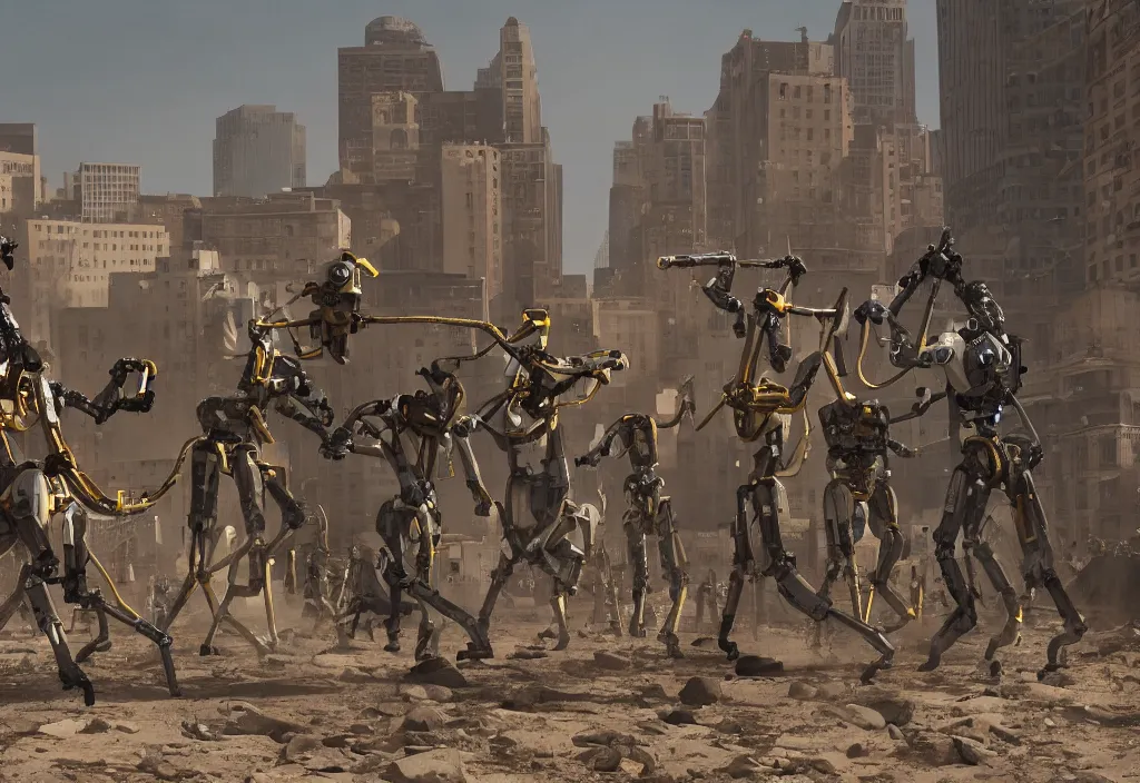 Image similar to accidentally wes anderson award - winning photograph of boston dynamics robots fighting with bureaucrats in suits in city ruins, epic battlescene, 4 k, detailed, art by greg rutkowsky, trending on artstation, cinematic lighting, filmic grain, golden hour, detailed, 4 k