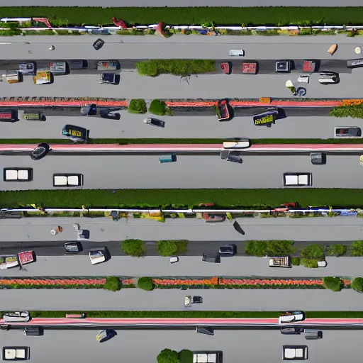 Image similar to top down map picture of a supermarket parking lot after a zombie attack, top down perspecrive